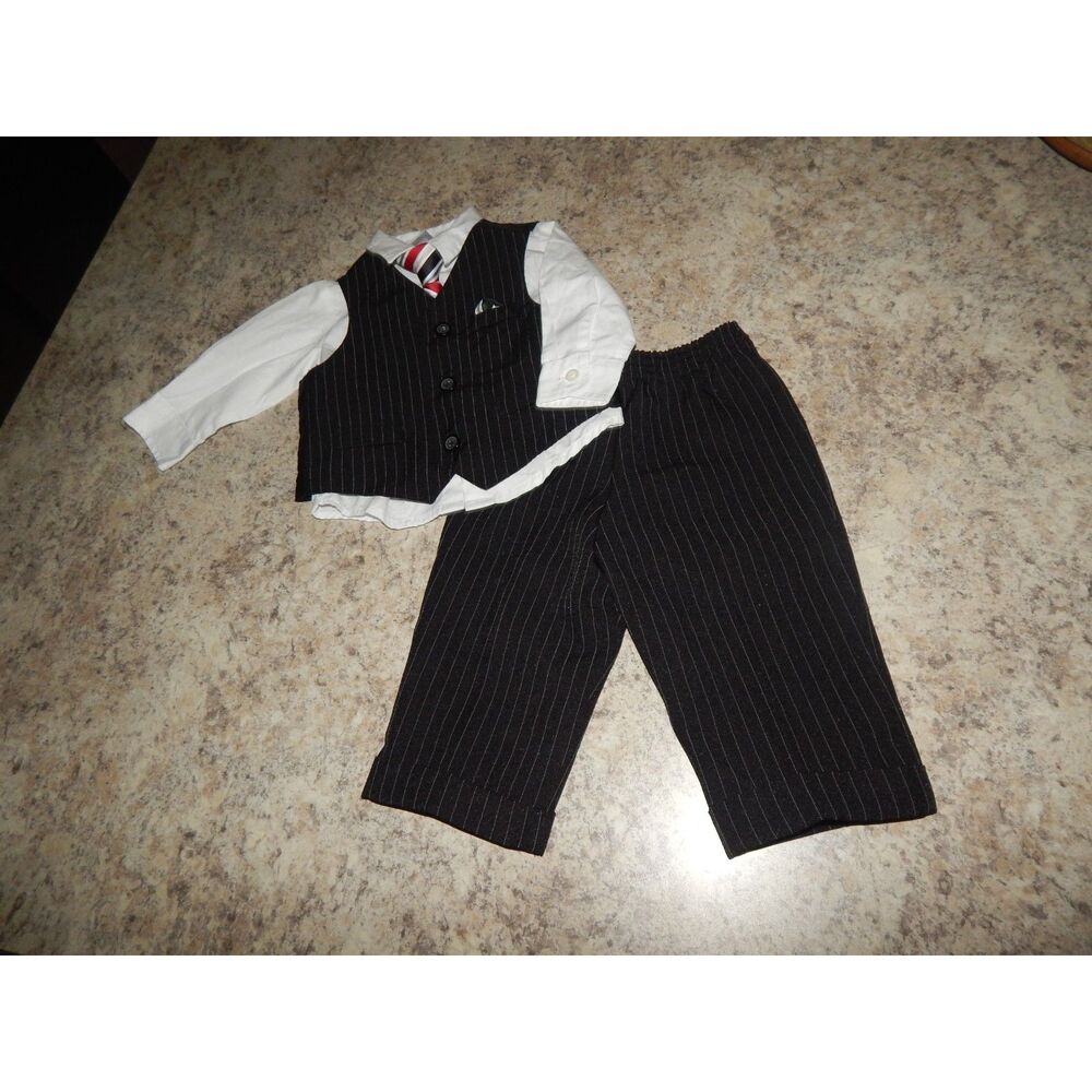 George Baby Boy 4pc Suit Set 3-6M Pinstripe Vest Pants Dress Shirt Clip Tie